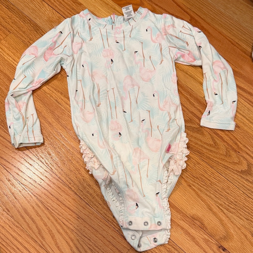 Ruffle Butts - one piece rashguard with snaps flamingo